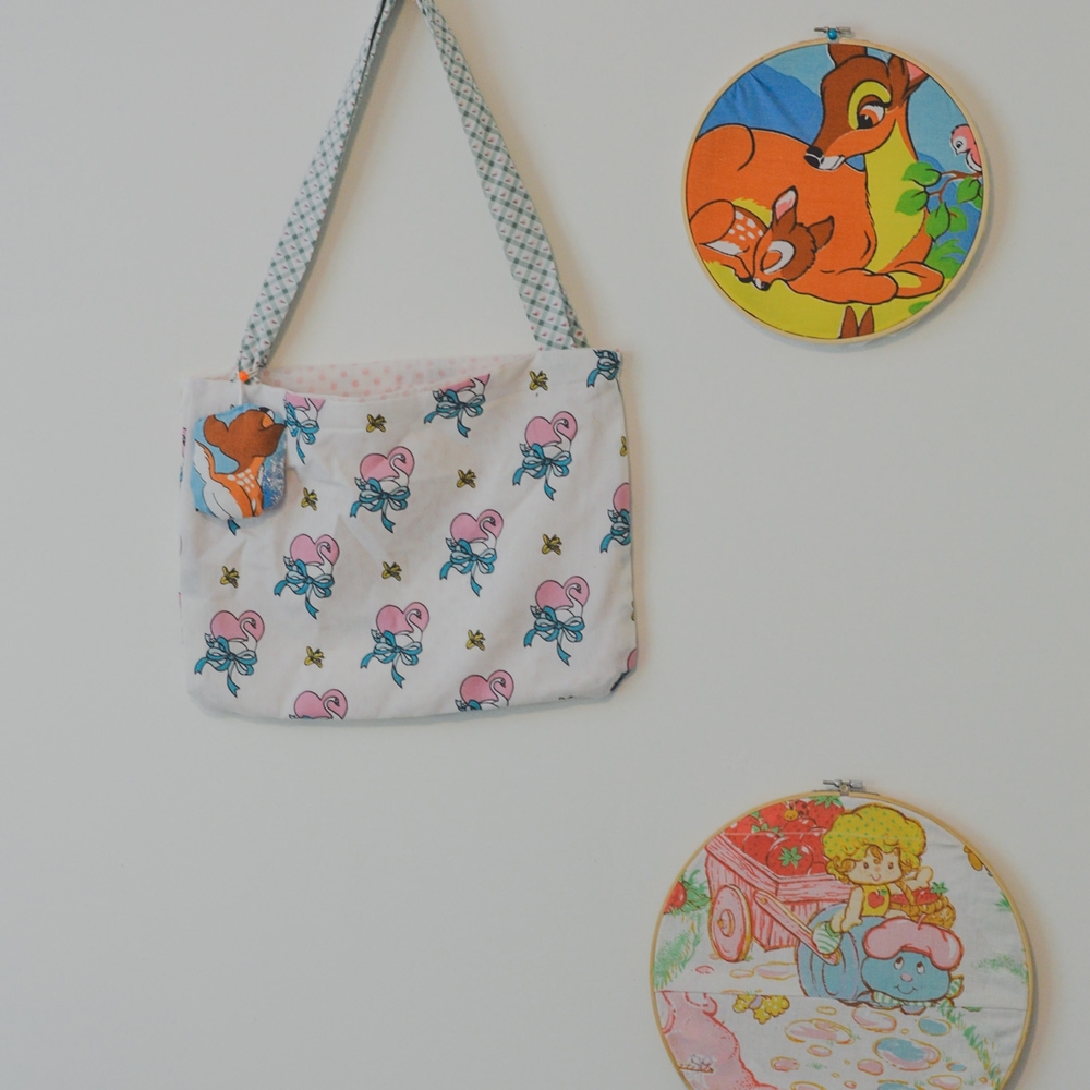 Kids Cartoon Print Tote Bag - White and Pink